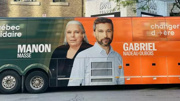 Campaign bus with portraits of Manon Masse and Gabriel Nadeu-Dubois